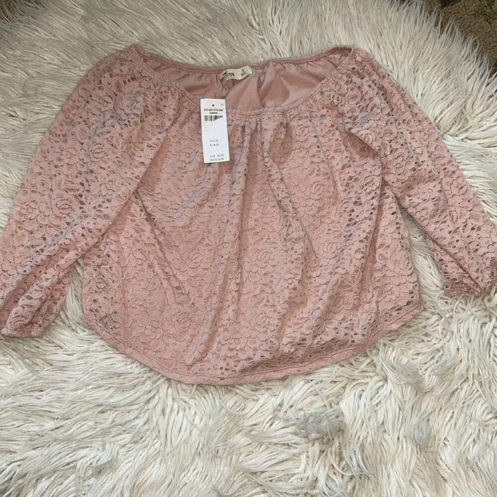 *New* Small Hollister Lace Overlay Blouse Off-Shoulder 3/4 Sleeve Pink Crop Top